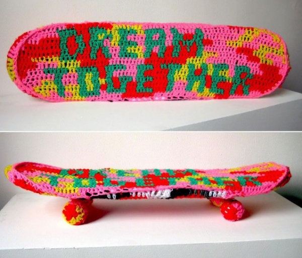 olek's crochet skateboards