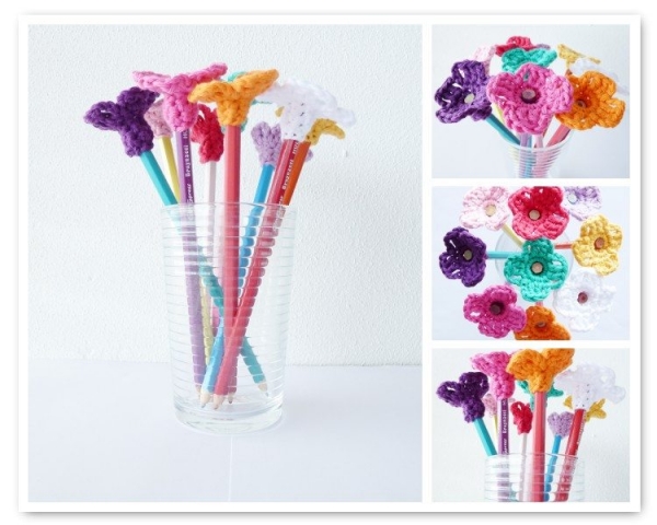 crochet flower pencil toppers