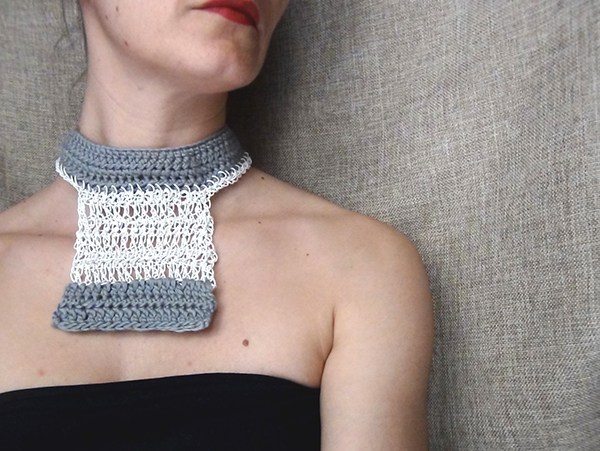 crochet fiber art necklace by wearitcrochet