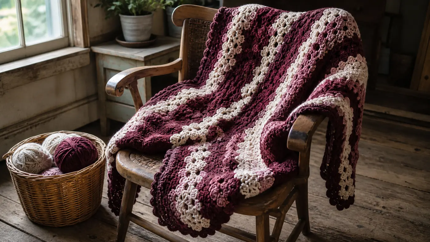 Berry and cream crochet blanket draped over a worn wooden chair