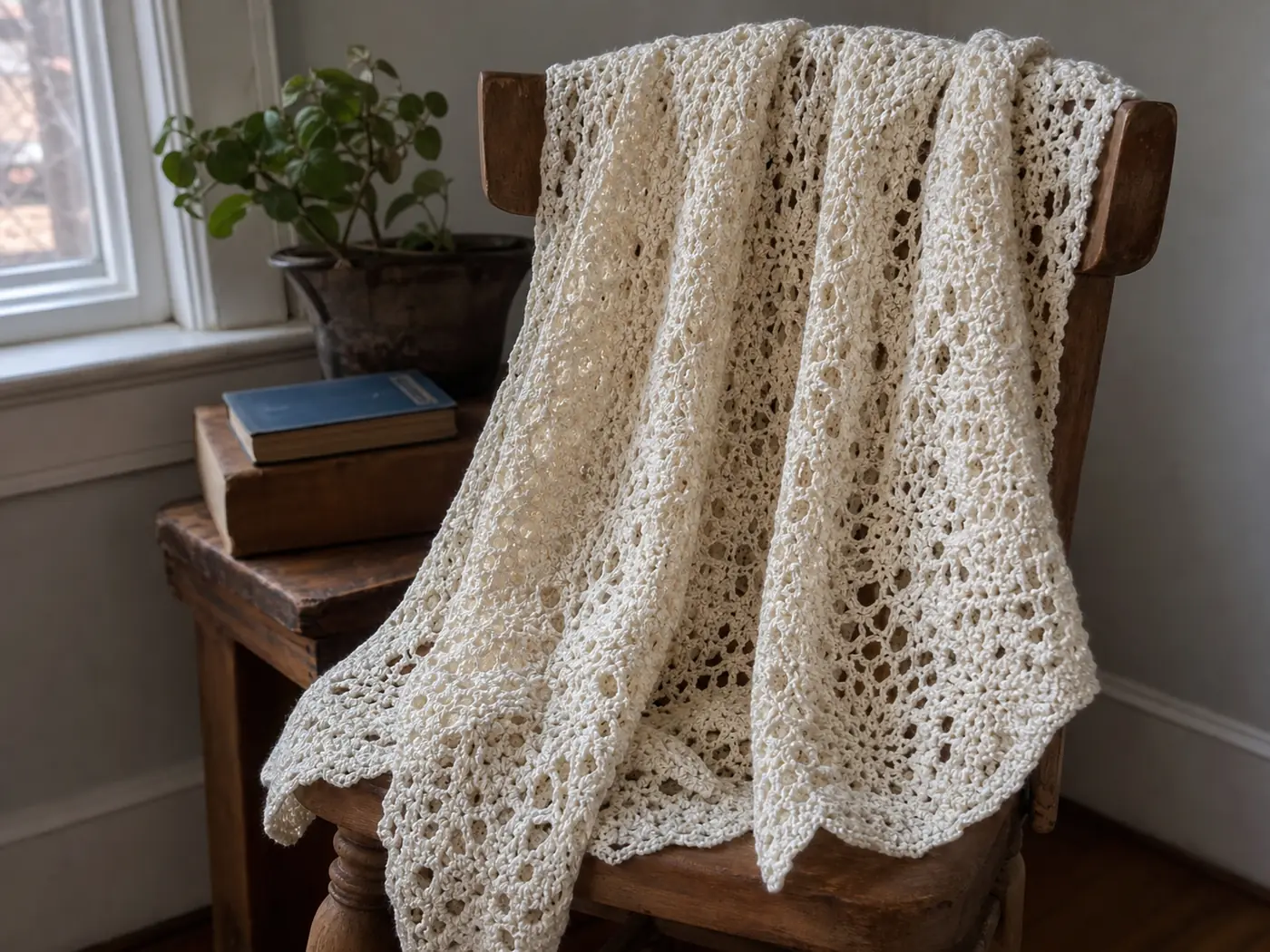 Cream heirloom crochet lace throw in a lived-in home