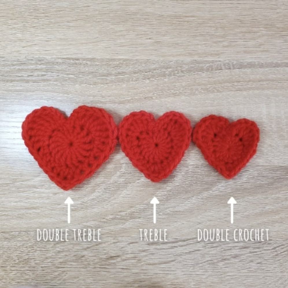 three red heart crochet patterns in different sizes