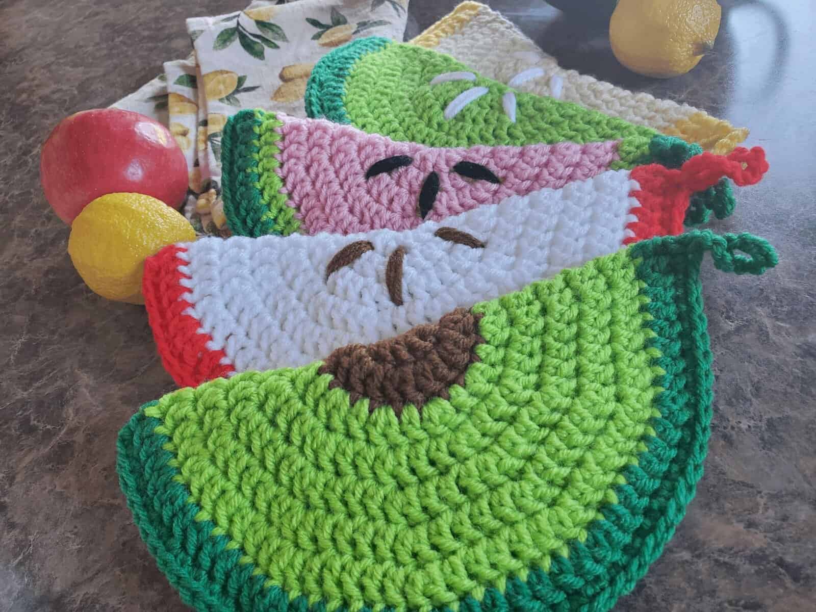 avocado, lemon, lime, red apple, and watermelon potholders crochet