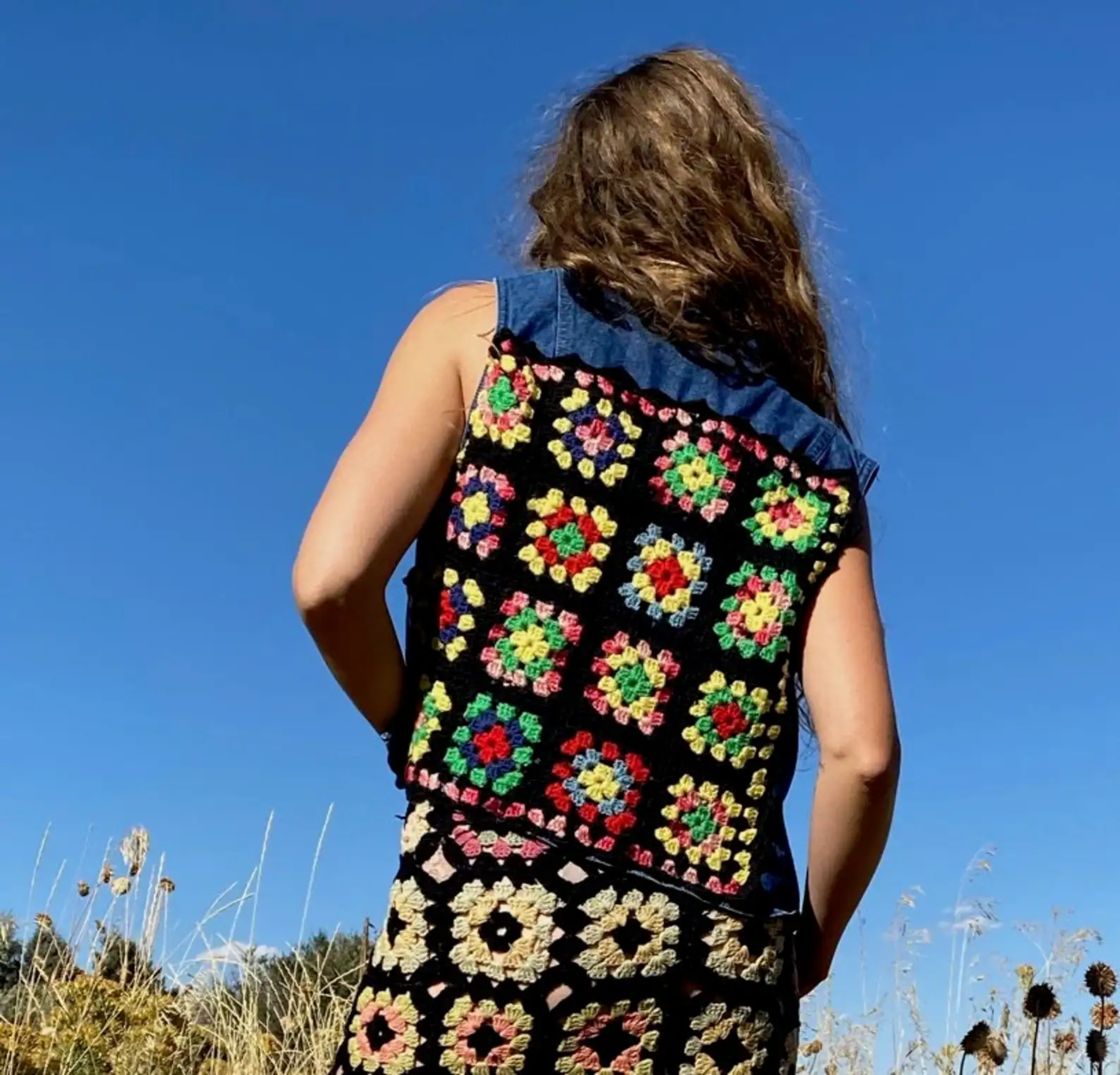 Vintage Denim Granny Square Vest