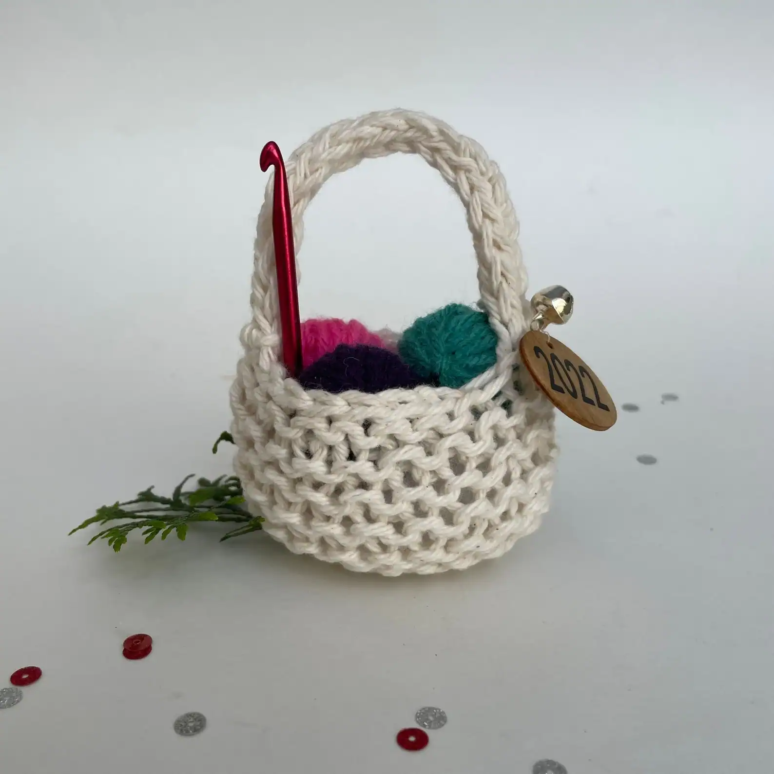 Crochet Christmas Ornament Yarn Basket With Mini Yarn Balls