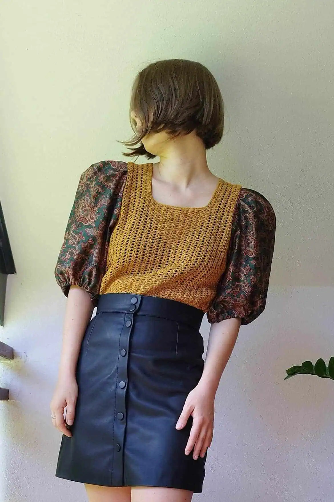 Upcycle Brown Square Neck Crochet Blouse