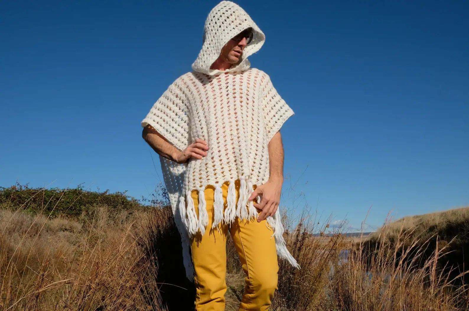 Crochet Poncho Hoodie With White Fringe