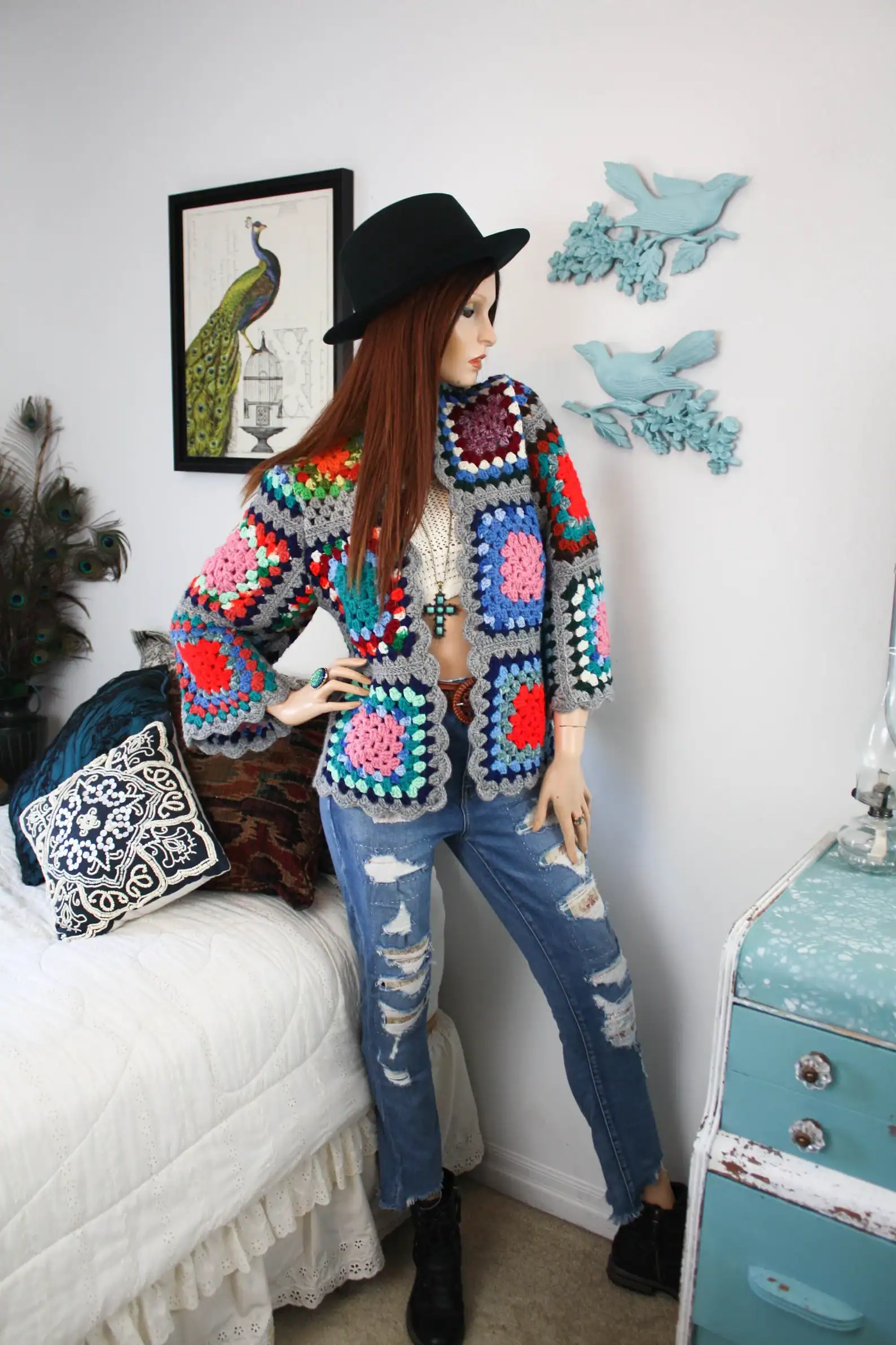 Upcycled Rainbow Granny Square Cardigan
