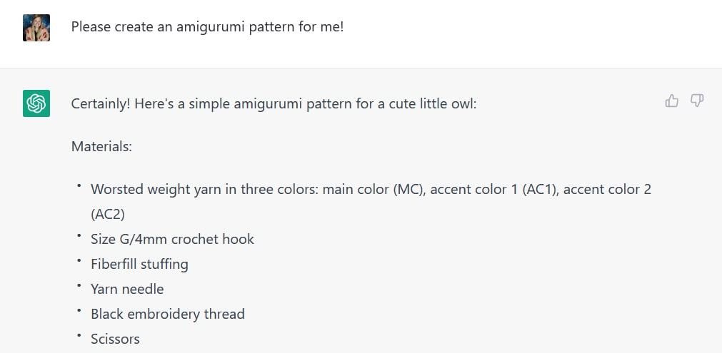 screenshot of ChatGPT created the amigurumi pattern