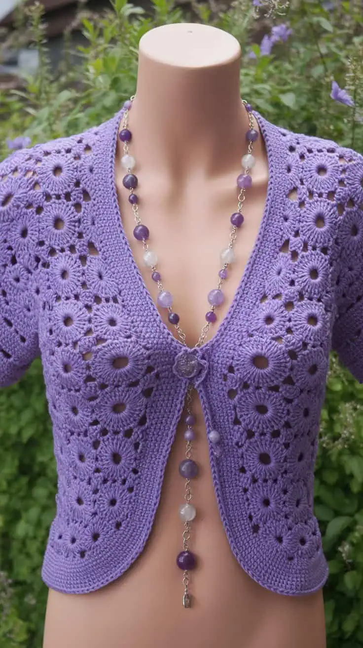32 Bolero Crochet Patterns: Add a Chic Touch to Your Wardrobe Today! 17 a close up photograph of a purple croche J9mVOz1TRFen1