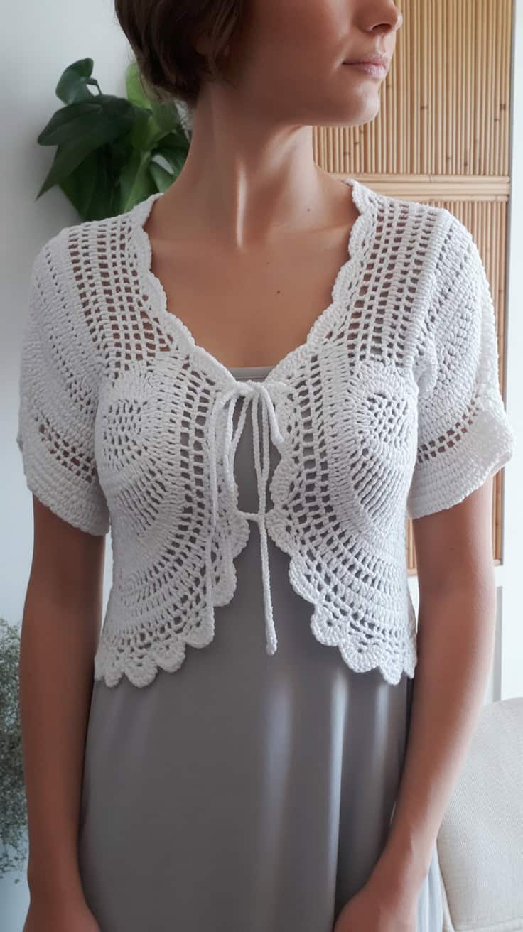 32 Bolero Crochet Patterns: Add a Chic Touch to Your Wardrobe Today! 65 a close up photograph of a white crochet 1wgsH2WAQEmVOpTFnbIOoA jiWMUm35Tc oOlypzU1wNw