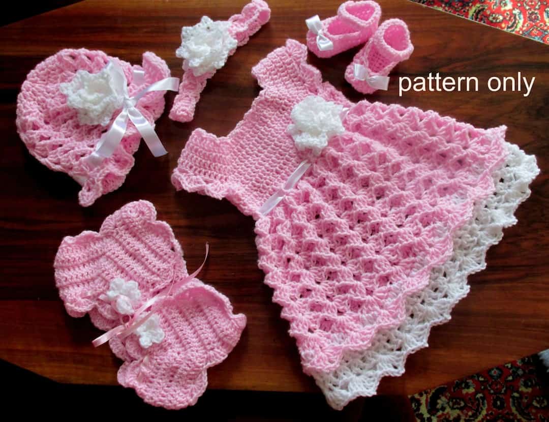 5 Piece Crochet Set for Baby: Dress, Hat, Bolero, Shoes and Headband
