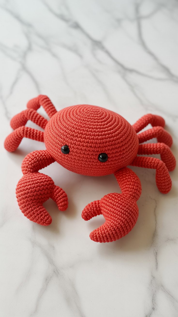 a bright red crocheted crab plush toy