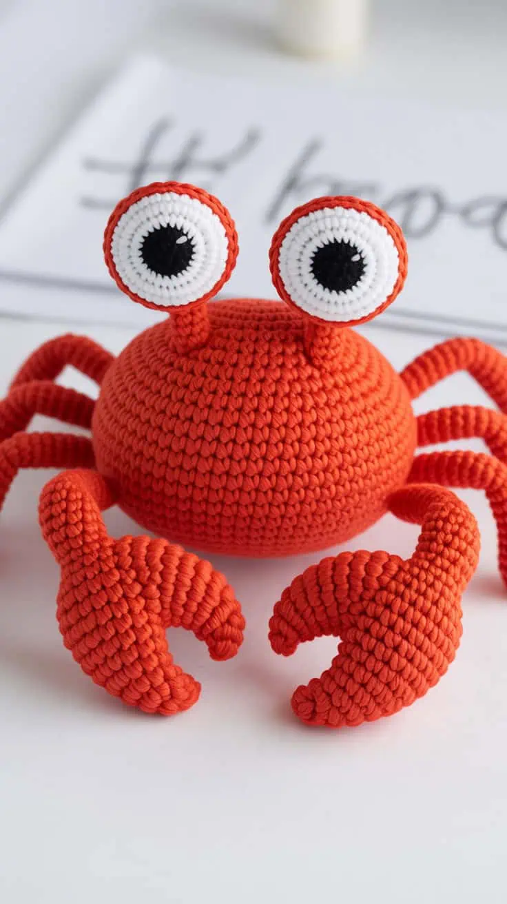 a bright red crocheted crab toy