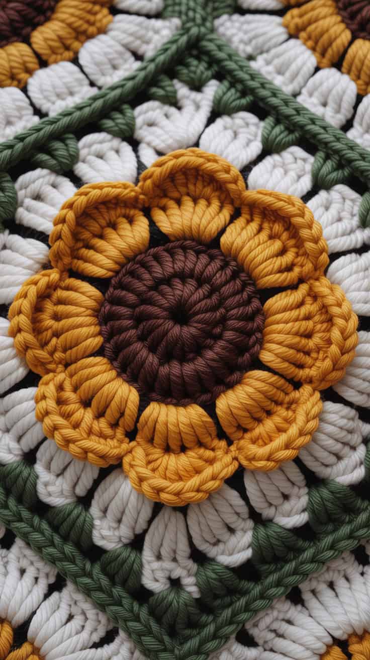 23 Sunflower Granny Square Crochet Pattern: Brighten Your Crafts with Ease 44 a close up photograph of a crocheted afg 2 0dg1YpSTi4K0oiCUSQMg OkF4znghQw