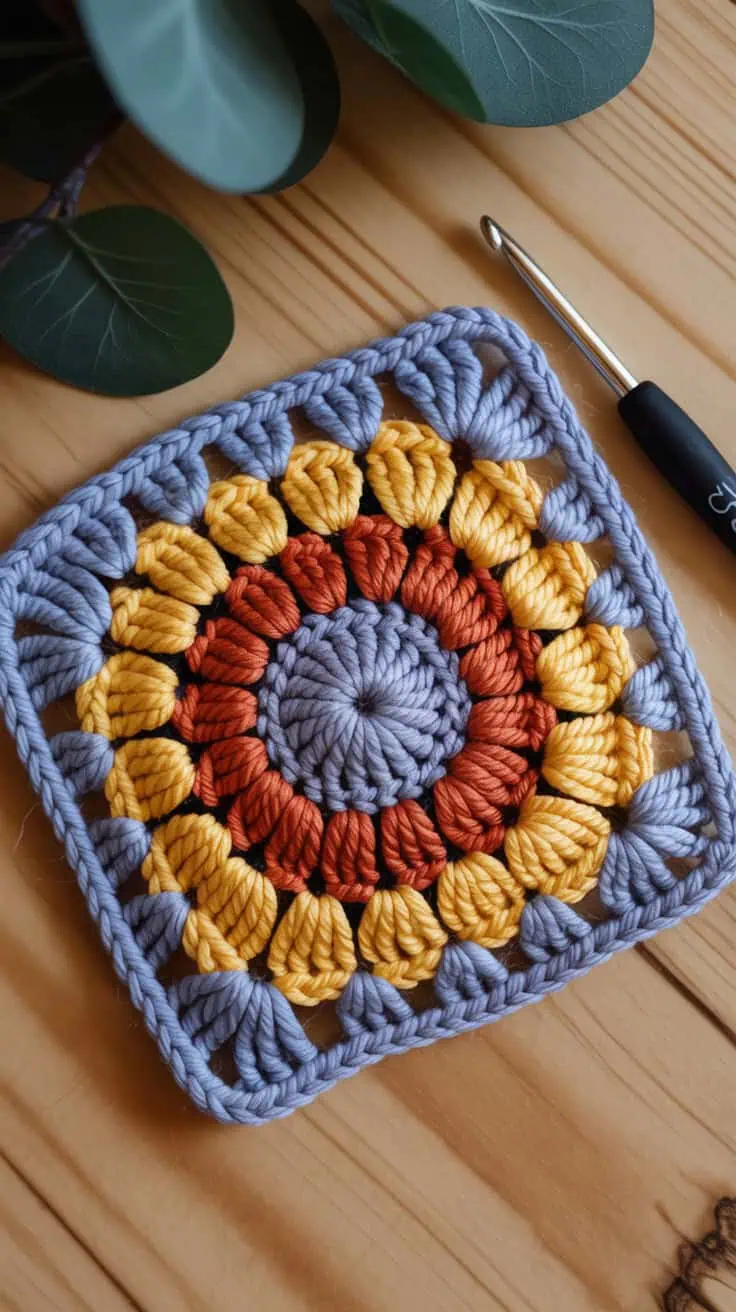 23 Sunflower Granny Square Crochet Pattern: Brighten Your Crafts with Ease 4 a close up photograph of a crocheted sun 5hEB 83ESVWijhIUOS4AhA OSchZt ERoqiOwSC KDoag