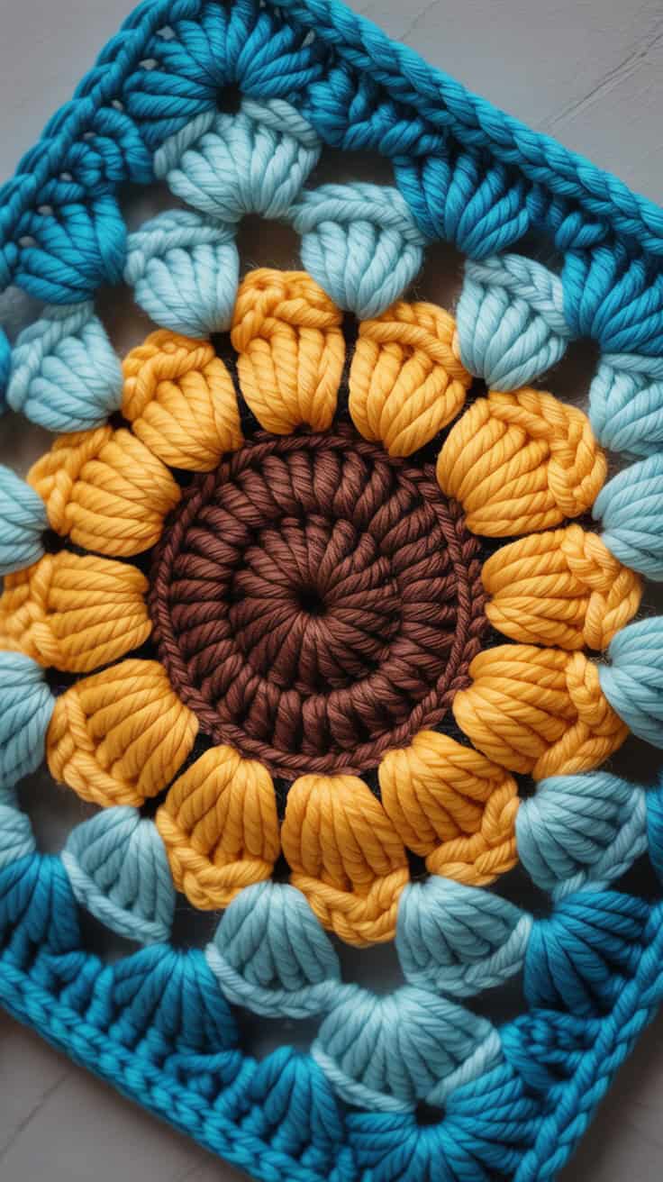 23 Sunflower Granny Square Crochet Pattern: Brighten Your Crafts with Ease 8 a close up photograph of a crocheted sun 7OaikkdcTzmg5CrEpkpbvw JFVIe42aRuqhoPAwgpYsnw