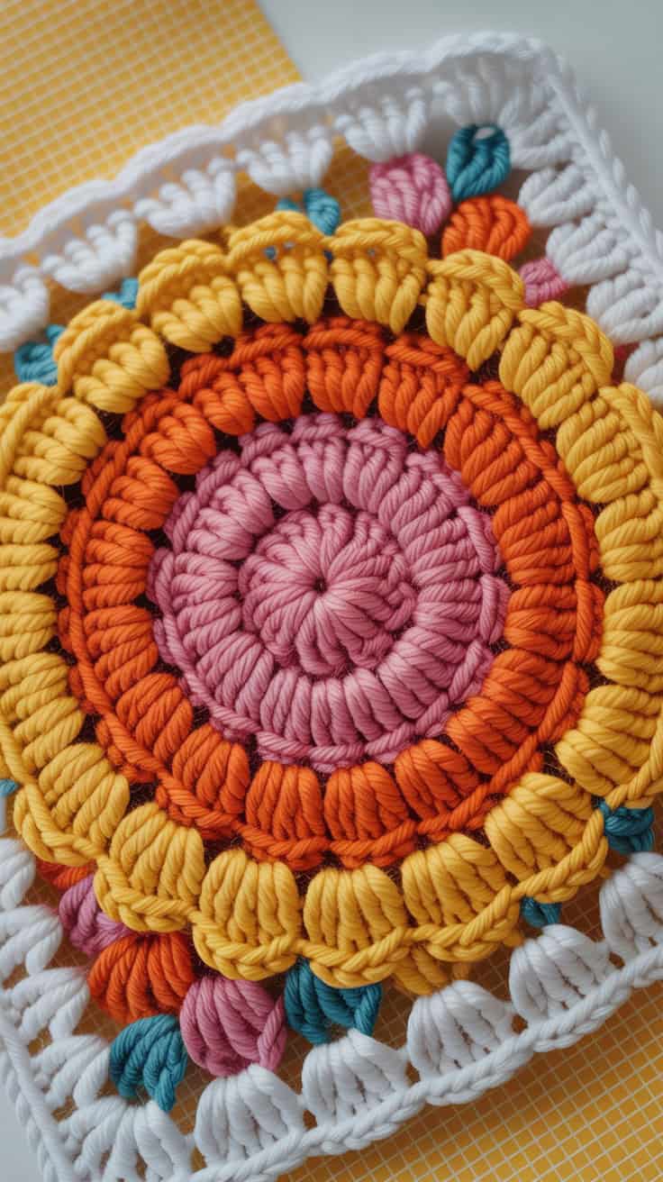 23 Sunflower Granny Square Crochet Pattern: Brighten Your Crafts with Ease 16 a close up photograph of a crocheted