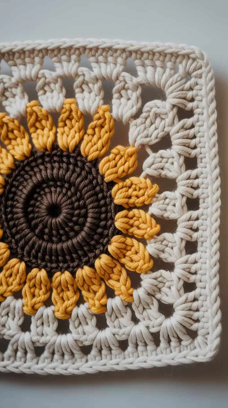 23 Sunflower Granny Square Crochet Pattern: Brighten Your Crafts with Ease 42 a close up photograph of a crocheted sun sRDfqOuFSfST k TTMfICQ pPTdumvrTS6CaItWe4NB4A