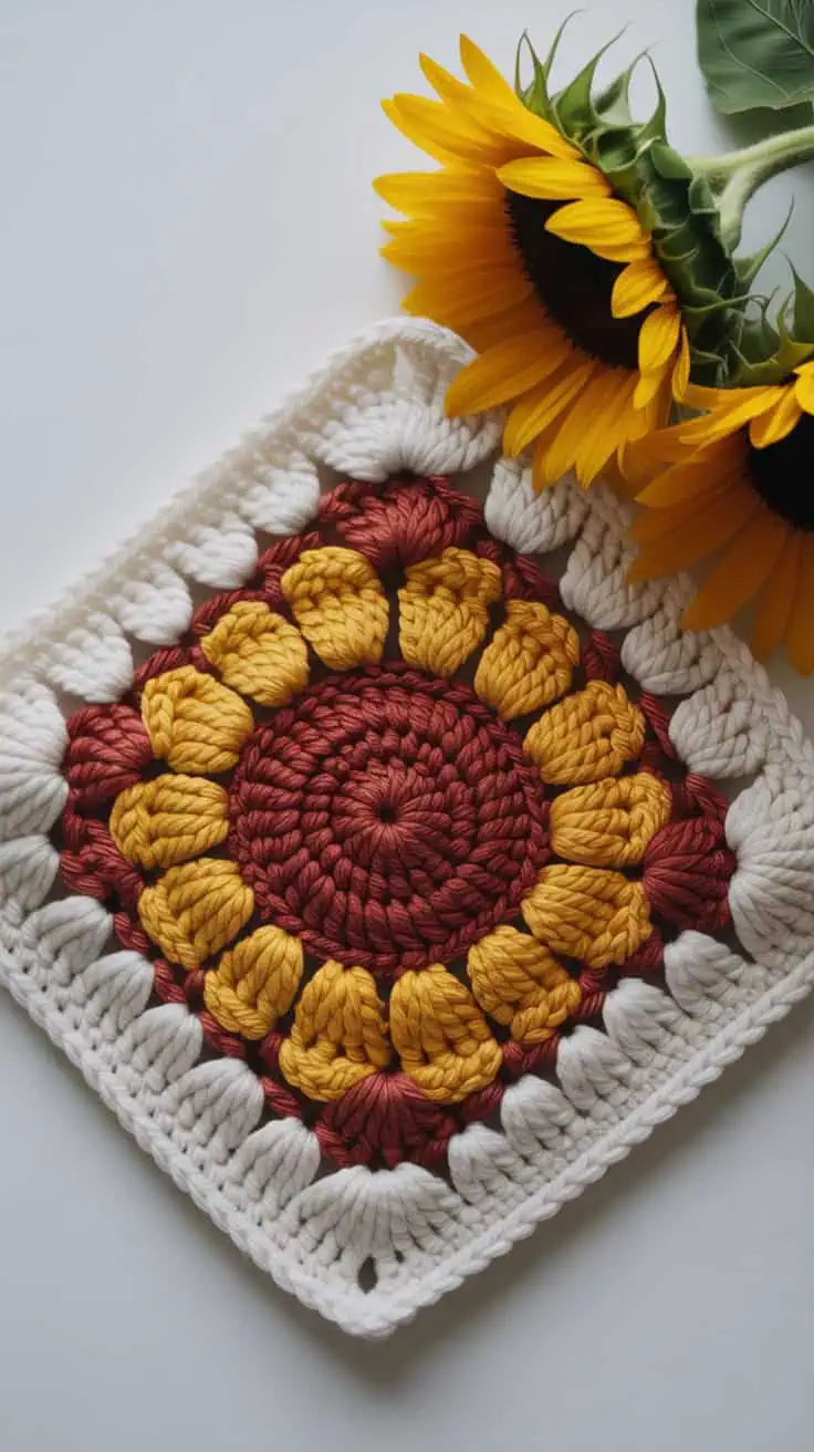 23 Sunflower Granny Square Crochet Pattern: Brighten Your Crafts with Ease 2 a close up photograph of a handmade croc 2aXlwLd6TEmJ6zAa6ENvXw 836MAXgyQFat4kl16 syyA