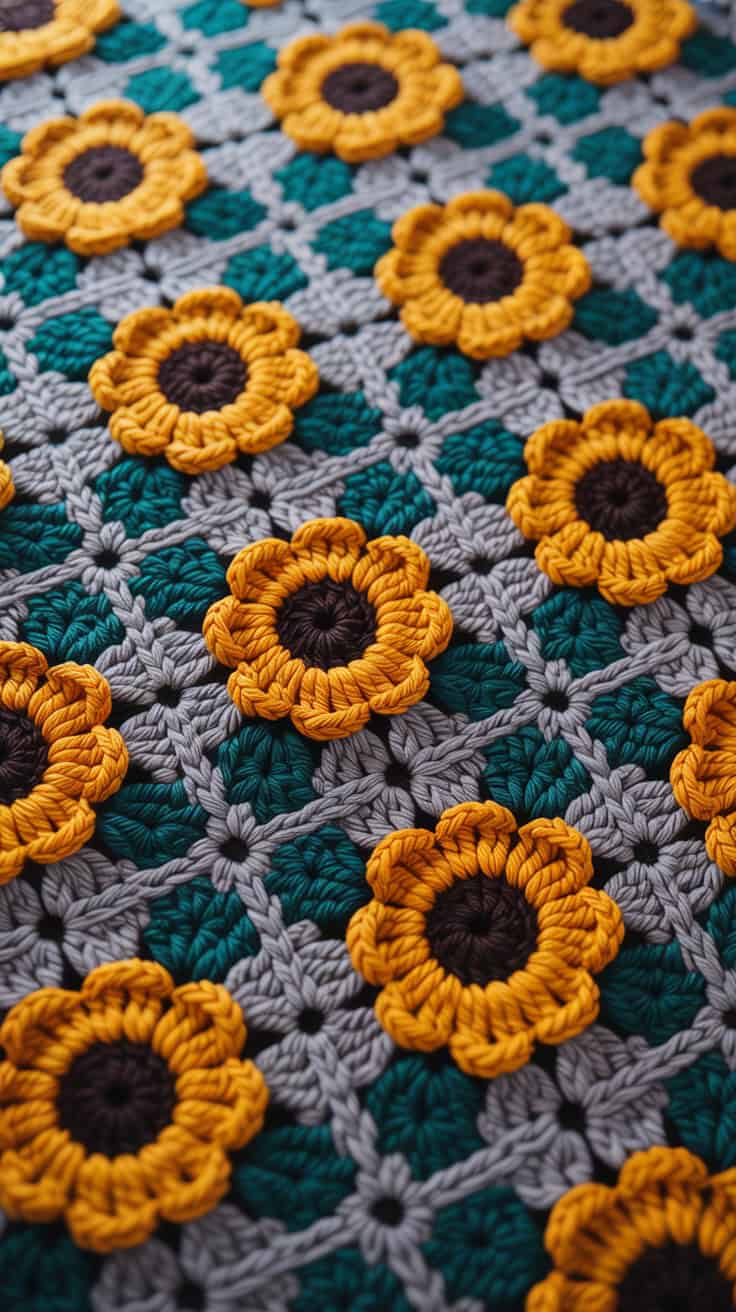 23 Sunflower Granny Square Crochet Pattern: Brighten Your Crafts with Ease 20 a close up photograph of a handmade croc 9qncKNgeS4K7IS3SzjHbLQ p5UB wzQJK8yrd3SyIvdg