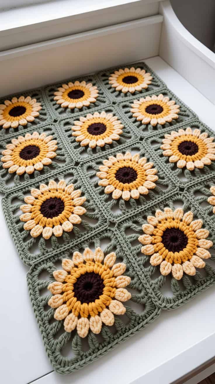 23 Sunflower Granny Square Crochet Pattern: Brighten Your Crafts with Ease 12 a close up photograph of a handmade