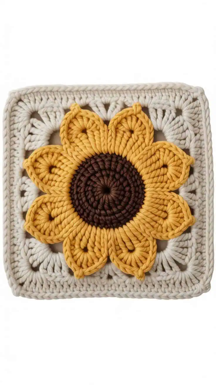 23 Sunflower Granny Square Crochet Pattern: Brighten Your Crafts with Ease 18 a close up photograph of a handmade