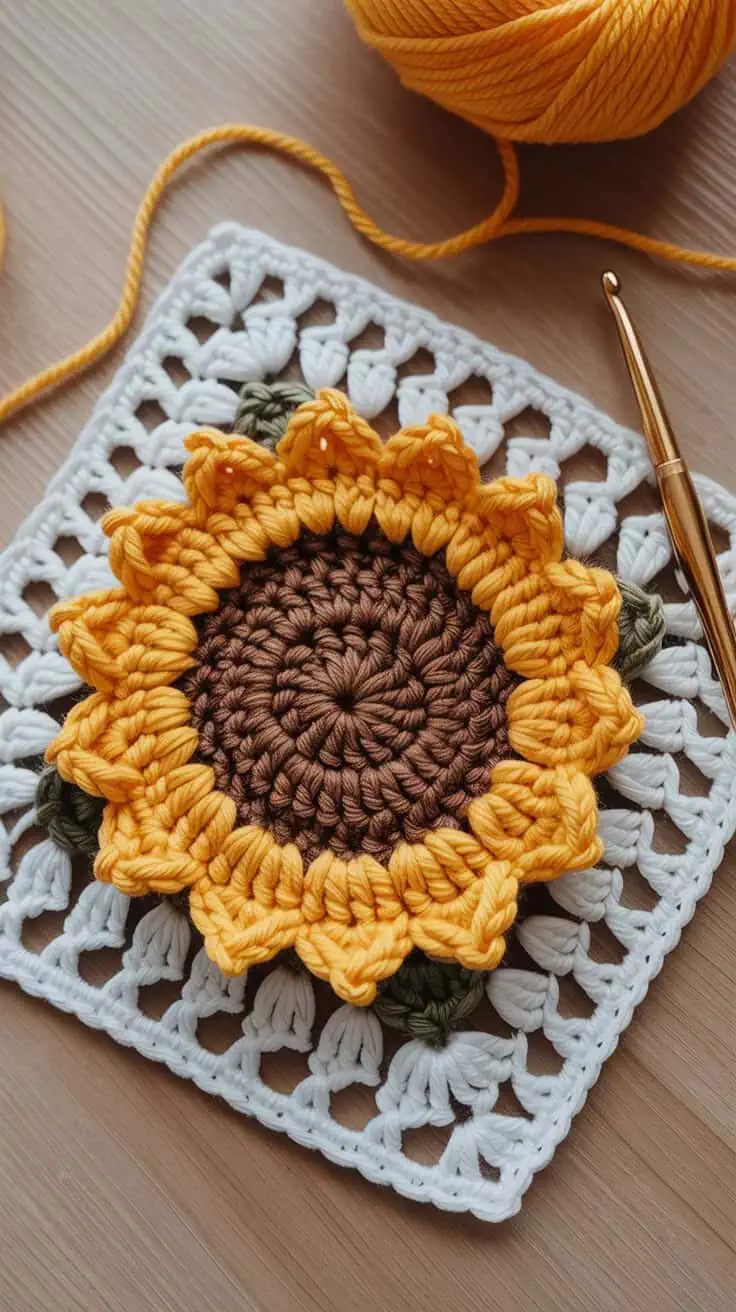23 Sunflower Granny Square Crochet Pattern: Brighten Your Crafts with Ease 22 a close up photograph of a handmade croc q7tJfb4tRU6YMrzPZ4C9wA zBDzBZ0vRGm3SWq7NlRUSQ