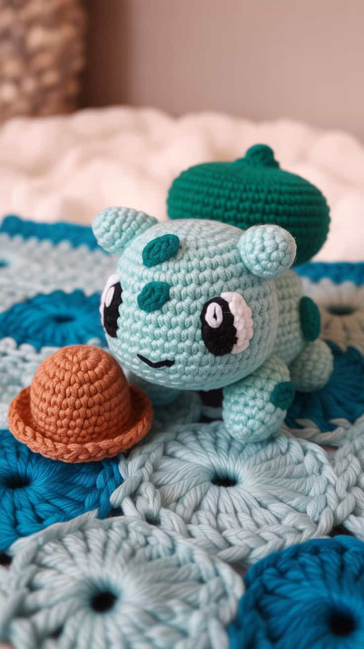 12 Bulbasaur Crochet Patterns: Delight Your Inner Pokemon Fan Today! 18 a close up photograph of a small crochet 1II4hGXuSV