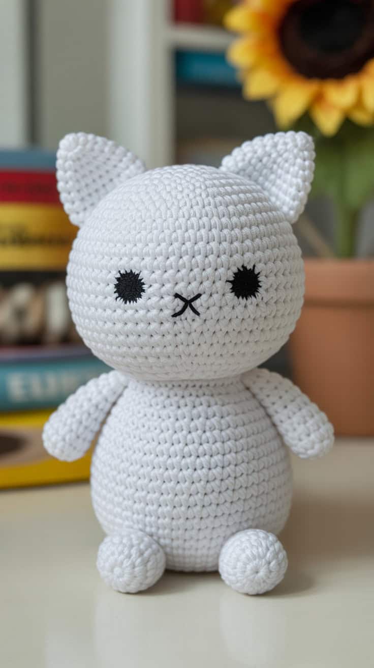 9 Pusheen Crochet Patterns: Fun & Easy Projects for Cat Lovers 14 a close up photograph of a white crochet BL2WKZkARu2vDLF5s4h8Rw K 9ov1m ShiDiDfvdHj8Gg