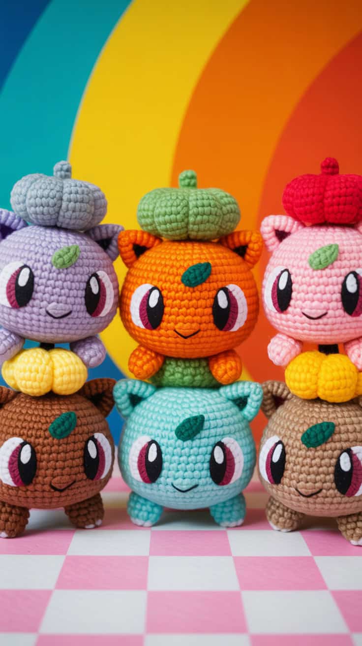 12 Bulbasaur Crochet Patterns: Delight Your Inner Pokemon Fan Today! 16 a close up photograph of five kawaii