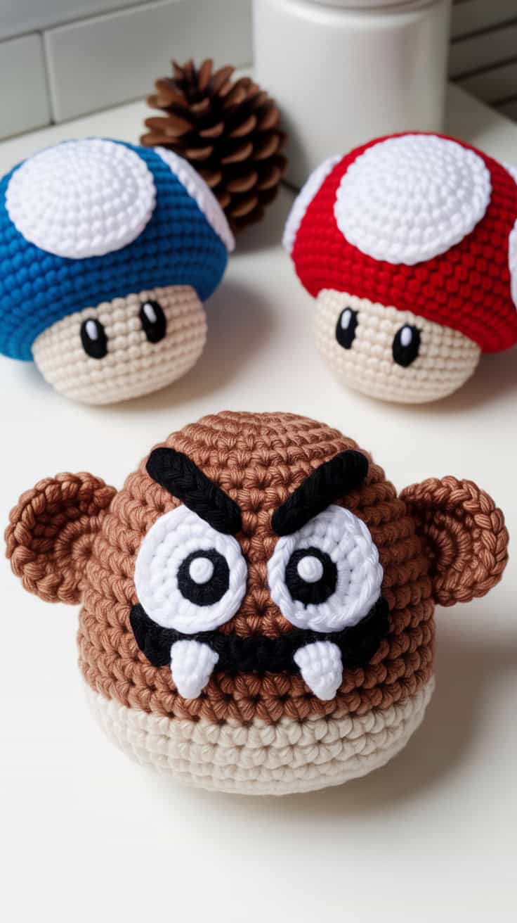 22 Mario Crochet Patterns: Fun and Unique Designs For All Fans 26 a close up photograph of three handmade MqN0AidETE Y1XFeaT096Q T5BQ54o RcmJio0Jke31ew cover