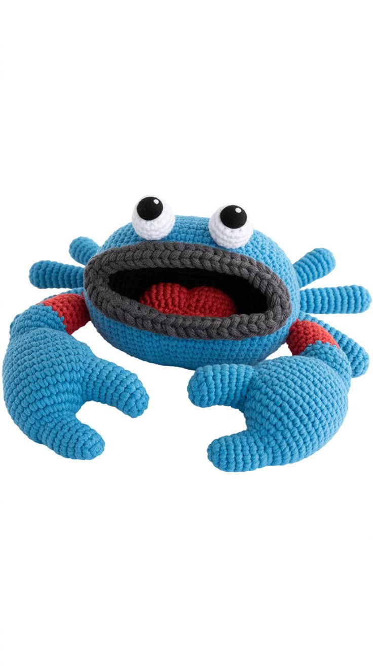a crocheted blue crab toy made from
