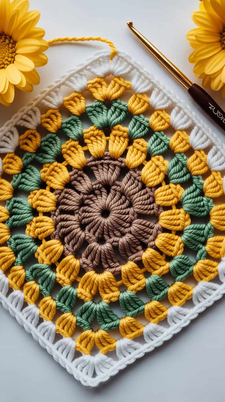 23 Sunflower Granny Square Crochet Pattern: Brighten Your Crafts with Ease 6 a detailed crochet granny square pattern wfbuYfCyS6q BkpvigkEhA NLWahtF4QviPykc9Xi9AzQ