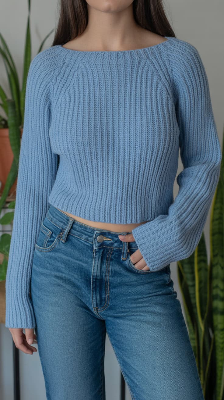 26 Cropped Sweater Crochet Patterns: Upgrade Your Wardrobe Handmade Style 46 a fashion photograph of a light blue