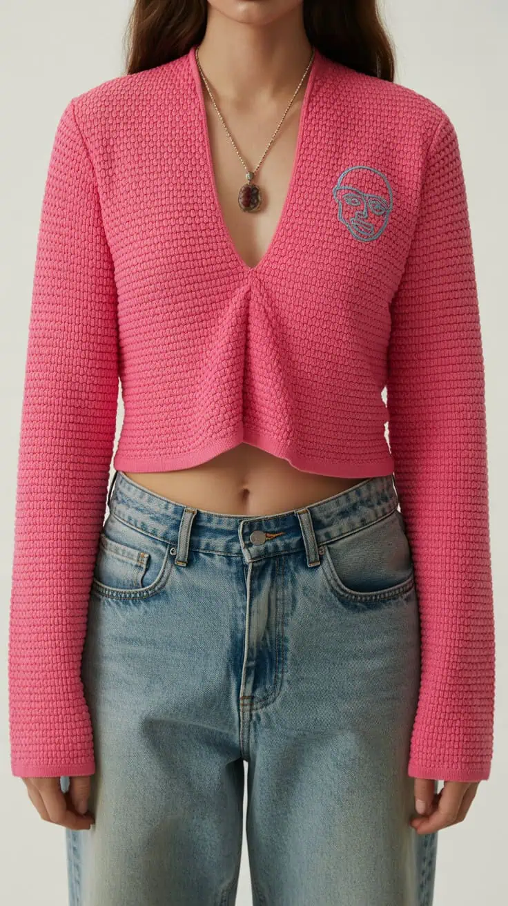 26 Cropped Sweater Crochet Patterns: Upgrade Your Wardrobe Handmade Style 28 a fashion photograph showing a bright