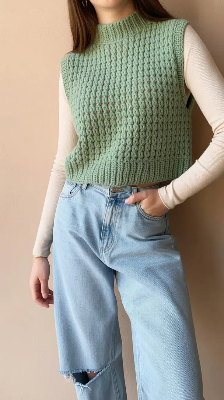 26 Cropped Sweater Crochet Patterns: Upgrade Your Wardrobe Handmade Style 8 a fashion photograph showing a mint gree 6KzzMyMlSQ