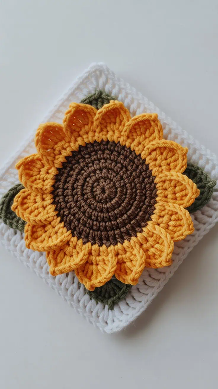 23 Sunflower Granny Square Crochet Pattern: Brighten Your Crafts with Ease 36 a handcrafted crochet sunflower applique bZDqapOKQ7 uDATowrgS A jLDZt1VbSHOcmEVs21C 8A