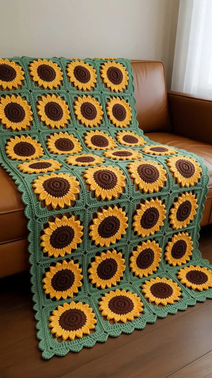 23 Sunflower Granny Square Crochet Pattern: Brighten Your Crafts with Ease 24 a handmade crochet blanket featuring
