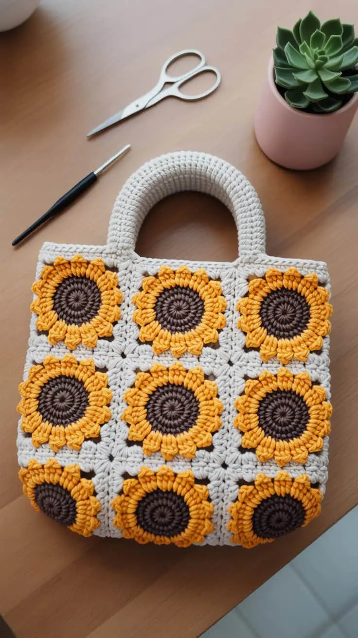 23 Sunflower Granny Square Crochet Pattern: Brighten Your Crafts with Ease 38 a handmade crochet sunflower purse photo jcst5FjTR1