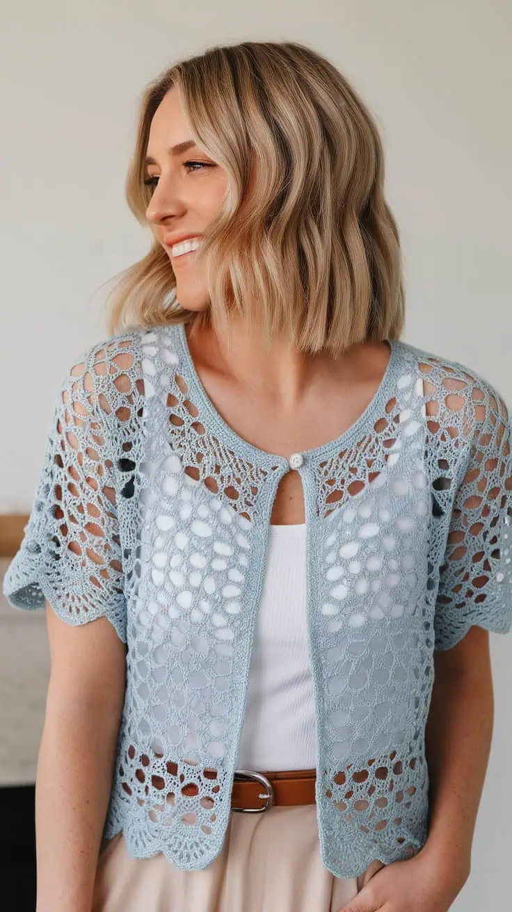 24 Lace Cardigan Crochet Patterns: Upgrade Your Wardrobe With Handmade Charm! 29 a medium shot of a woman with blonde hai 6ps MgobSfeLjOjDMT IKQ EpULA5WET0W8nuFp5dV4bA