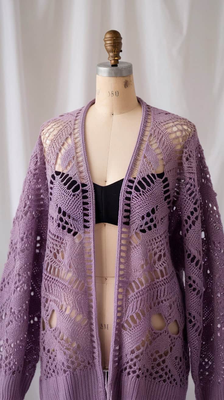 24 Lace Cardigan Crochet Patterns: Upgrade Your Wardrobe With Handmade Charm! 27 a photo of a mannequin wearing a purple qEV9vOiETCOgSh9TnC1sGg IJQbr06MTgaVvqLwulE3Ow