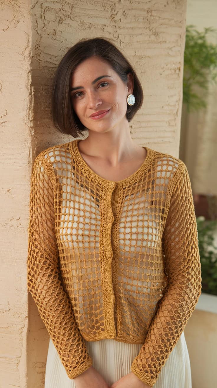 24 Lace Cardigan Crochet Patterns: Upgrade Your Wardrobe With Handmade Charm! 47 a photo of a woman standing against a