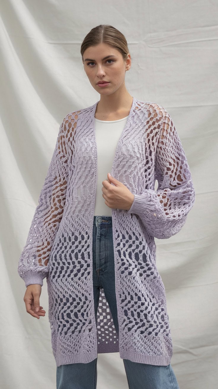 24 Lace Cardigan Crochet Patterns: Upgrade Your Wardrobe With Handmade Charm! 35 a photo of a woman wearing a light purpl TfSQBH94QgGonpLJZ2ae4g zYBwAufcR6OnBjO878KlFQ