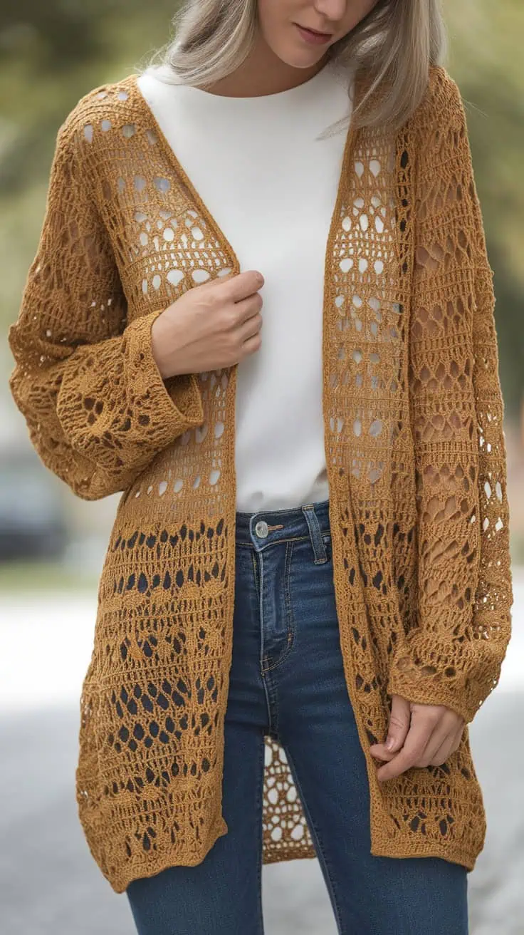 24 Lace Cardigan Crochet Patterns: Upgrade Your Wardrobe With Handmade Charm! 39 a photo of a woman wearing a mustard col lBPyFROyRzmGwtOko WnEQ Ww3B5uaeRbahkewVZR61sw