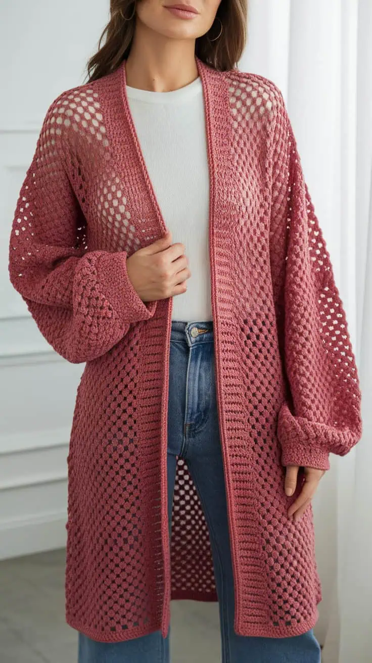 24 Lace Cardigan Crochet Patterns: Upgrade Your Wardrobe With Handmade Charm! 25 a photo of a woman wearing a pinkish red 9KHdcWUR9