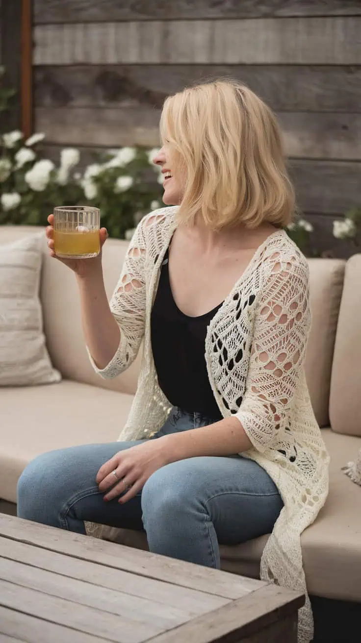 24 Lace Cardigan Crochet Patterns: Upgrade Your Wardrobe With Handmade Charm! 15 a woman with blonde hair is seated on a Jxc dFitSrCB3XPDdaBMIw 1IHAHF9sQKarYmUObgKqmA