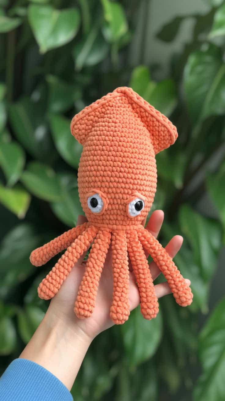 24 Squid Crochet Patterns: Unique Designs for Ocean-Loving Crafters 7 a close up photograph of a coral colored JPk qlUPRaG4 vjpLz5NpA eI16akUqS6WHdeF63Lma3A