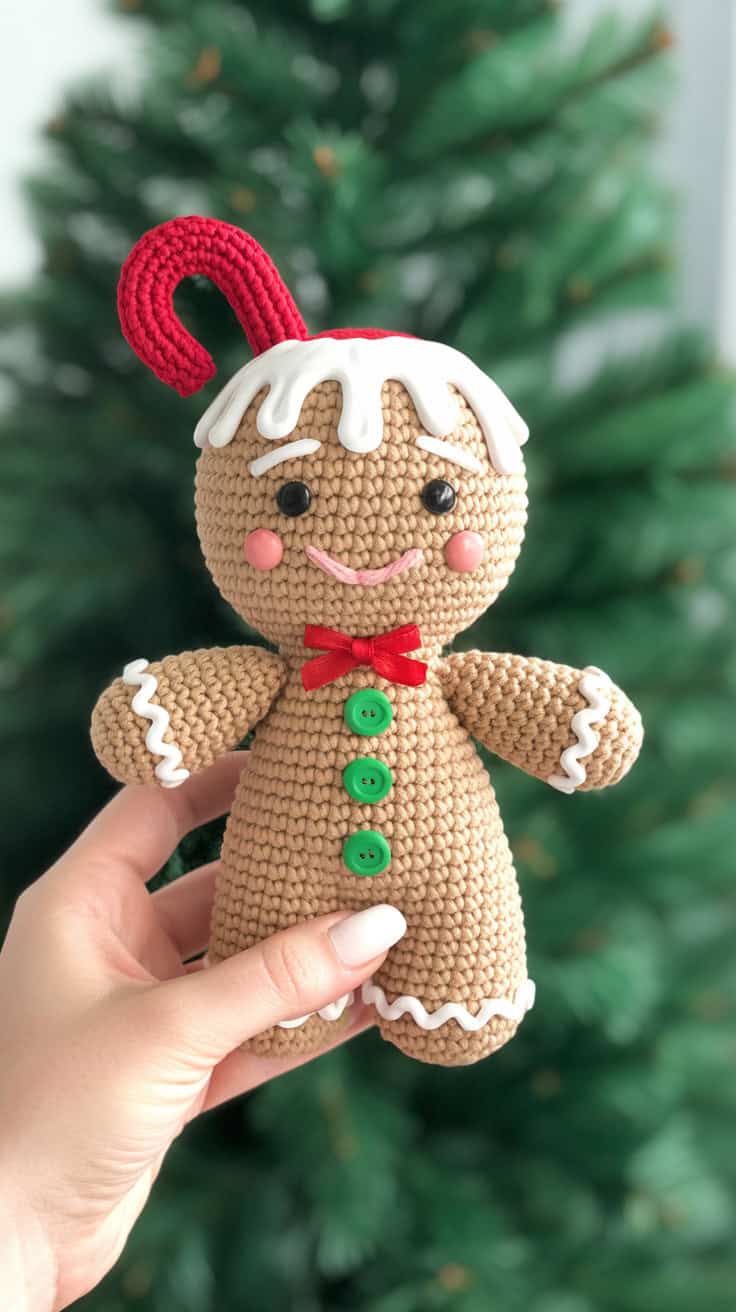 18 Gingerbread Man Crochet Patterns: Make Your Holidays Extra Cozy! 41 a close up photograph of a hand holding P5LMiijMR5uhnkVqH66lMQ PbZDUPlJTpqI4ojttQXsJA