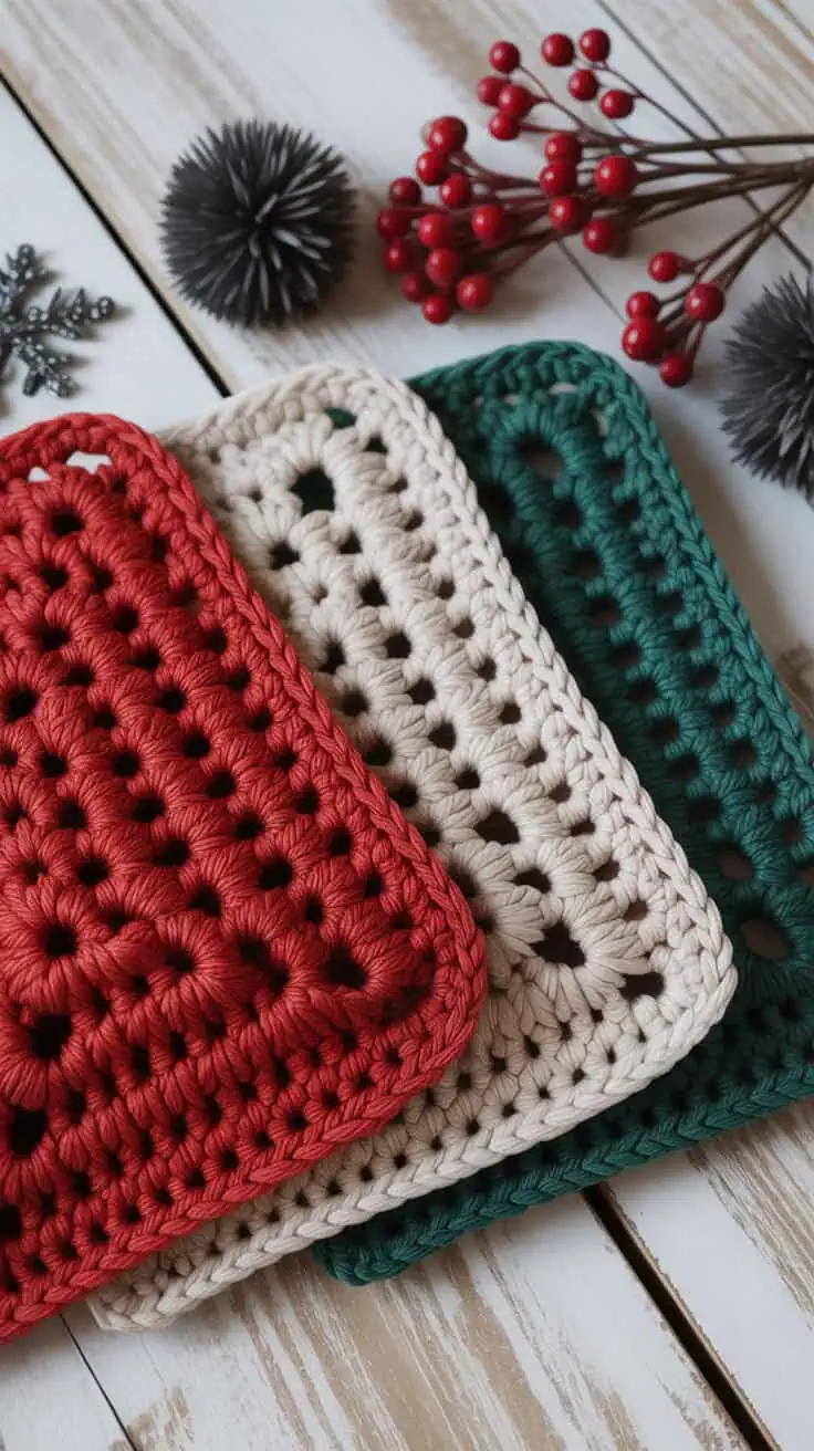 a close up photograph of four crocheted